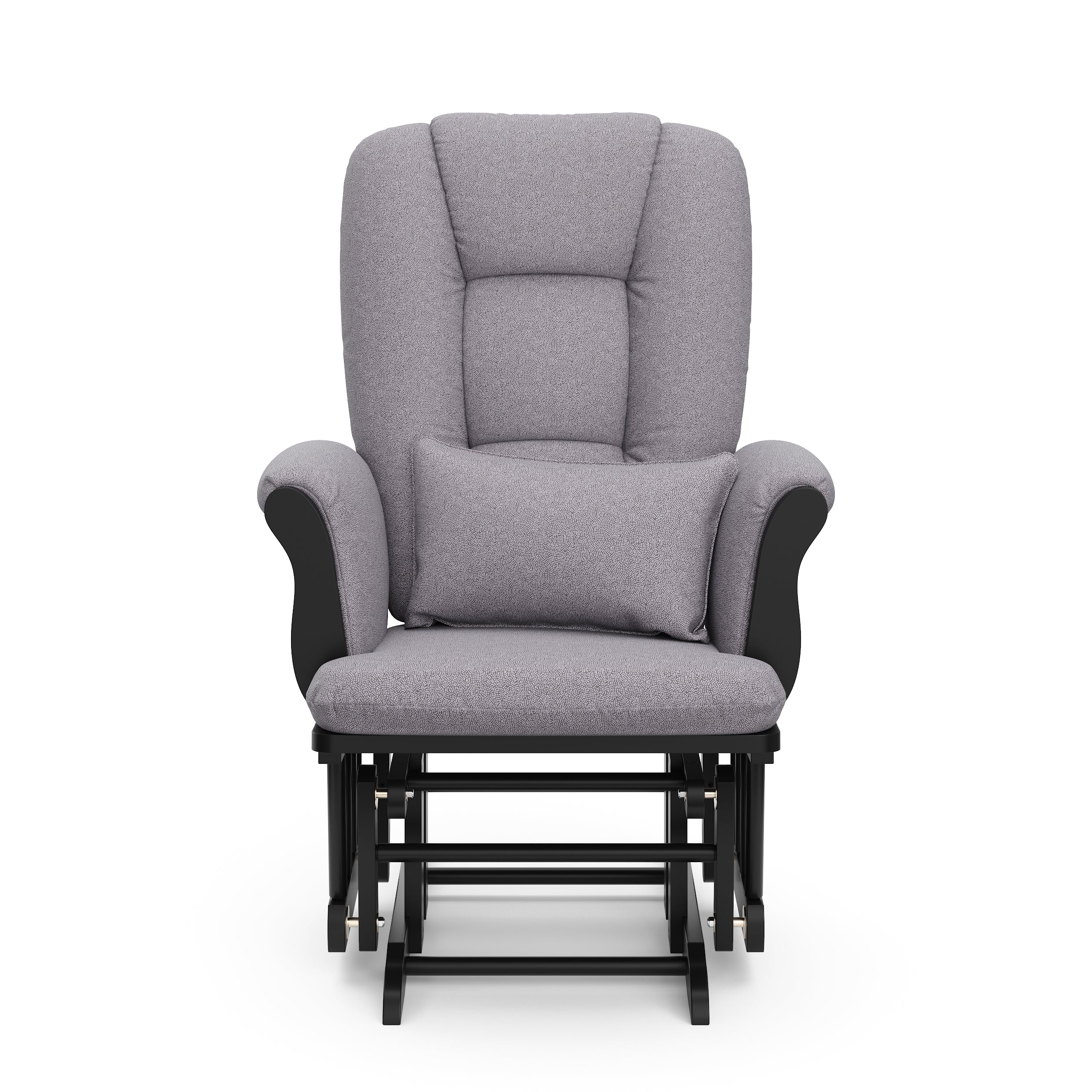 black glider with gray swirl cushions 