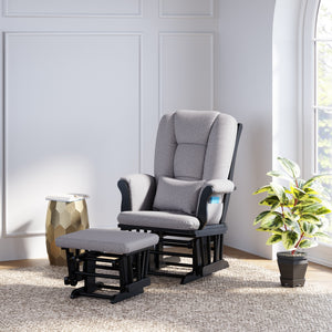 black glider and ottoman with gray swirl cushions in nursery 