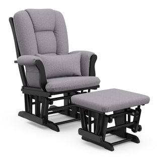 black glider and ottoman with gray swirl cushions angled view 