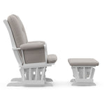 white glider and ottoman with taupe swirl cushions side view 
