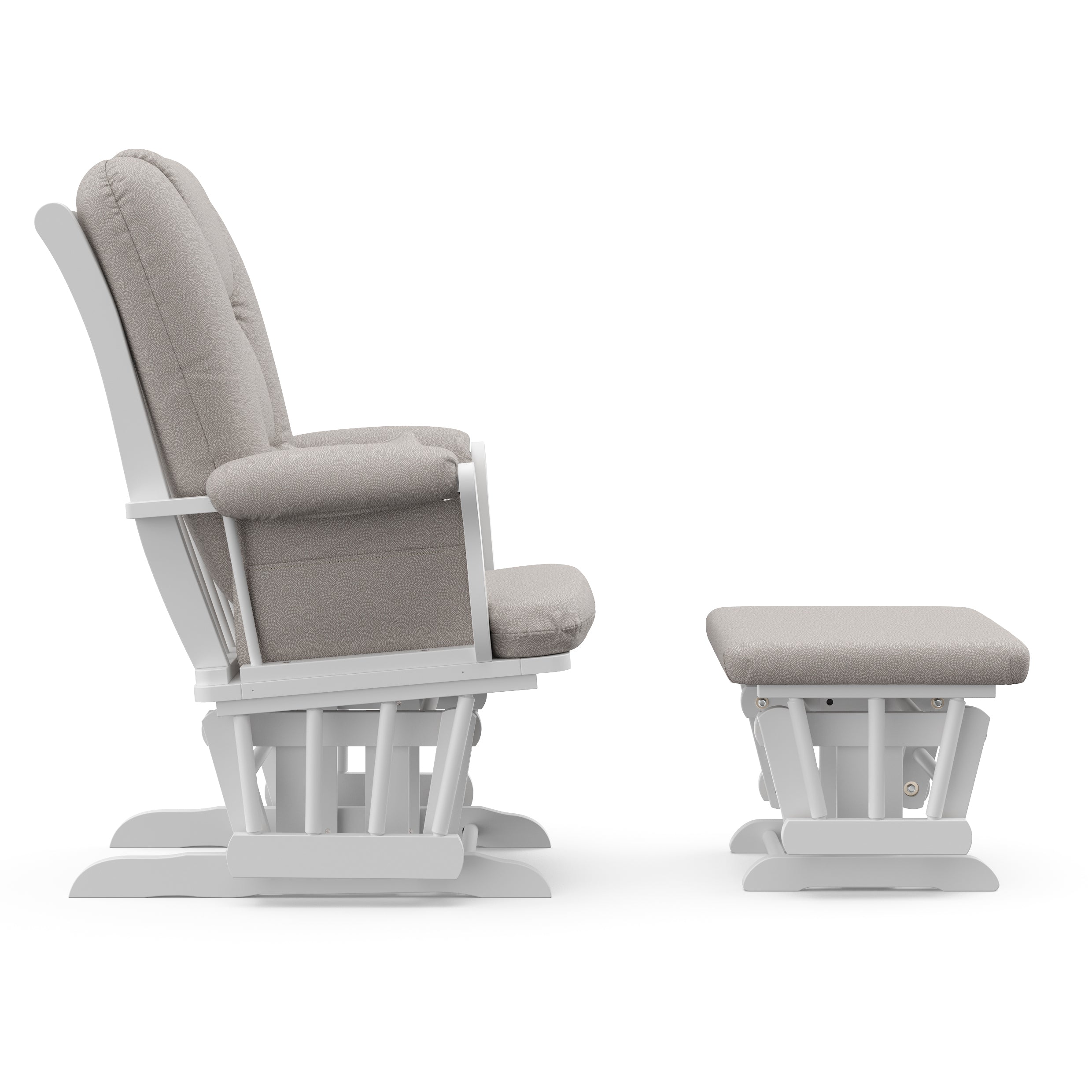 white glider and ottoman with taupe swirl cushions side view 