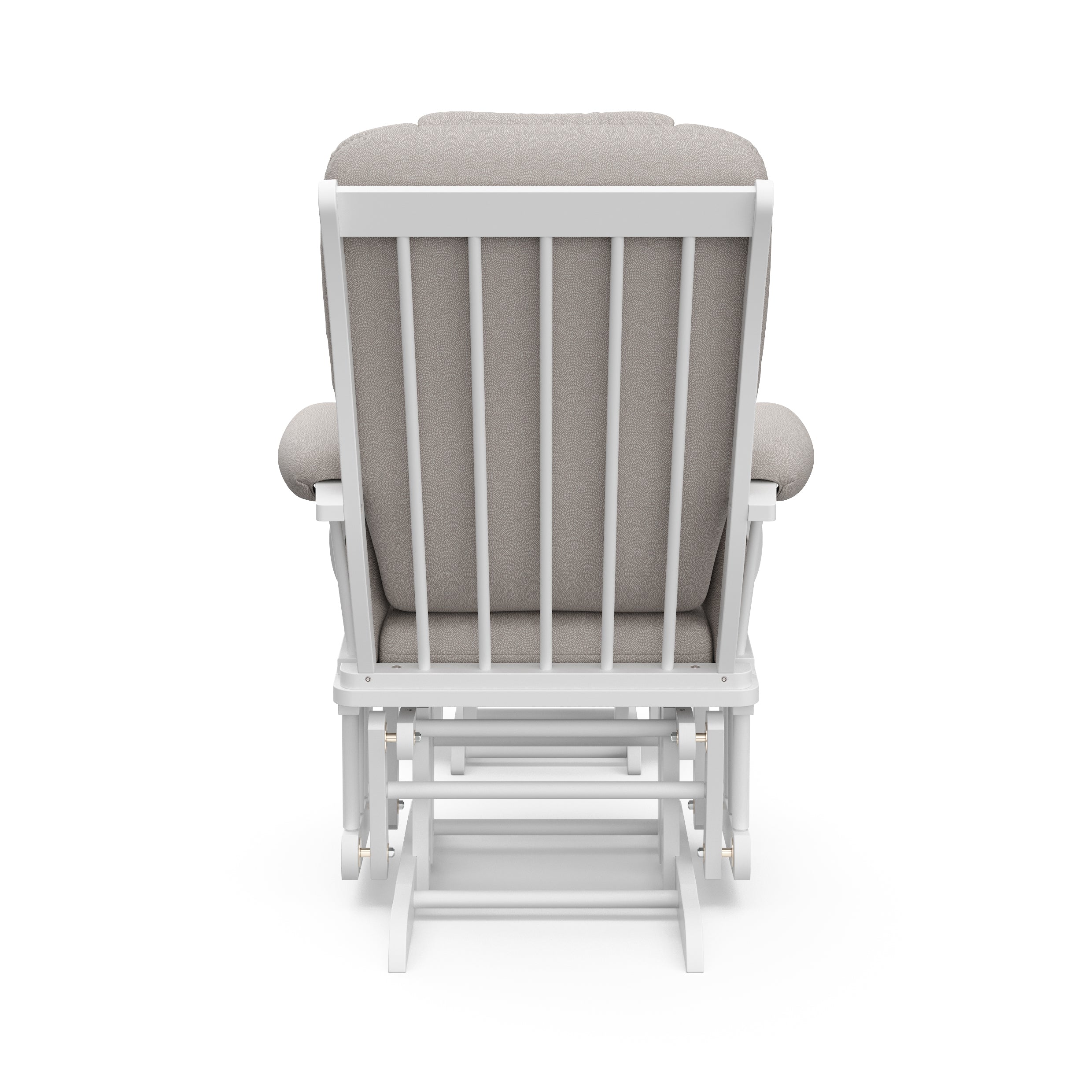 white glider and ottoman with taupe swirl cushions back view 