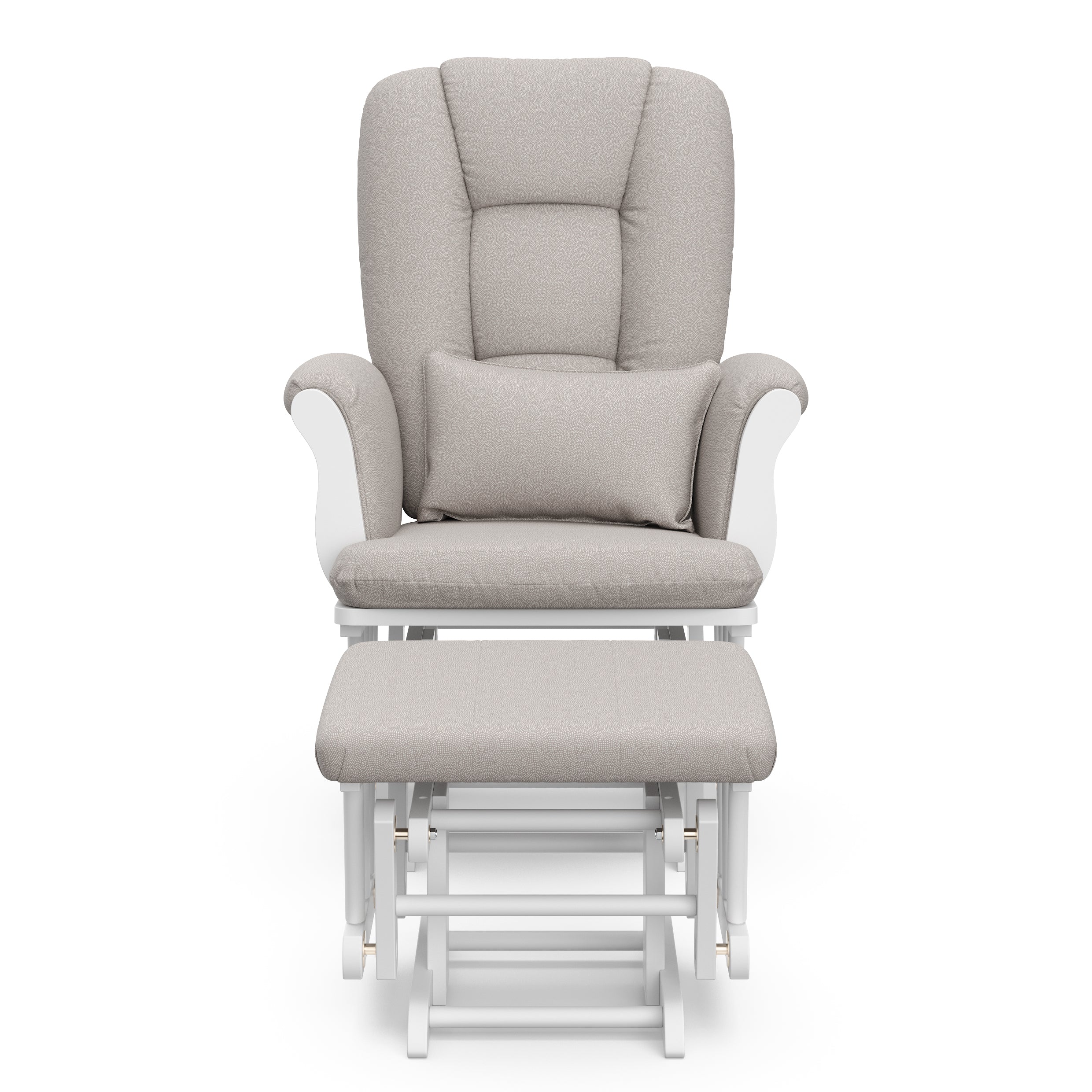 white glider and ottoman with taupe swirl cushions 