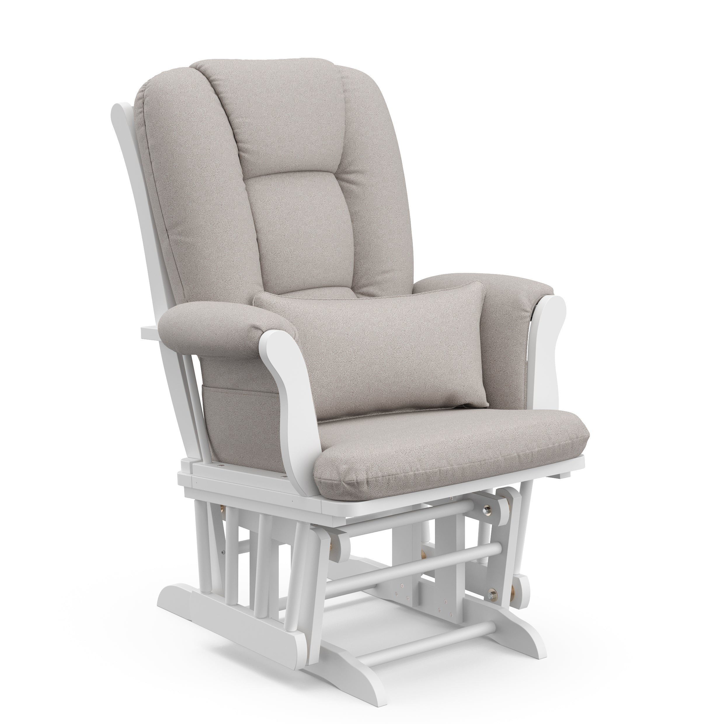 white glider with taupe swirl cushions angled 