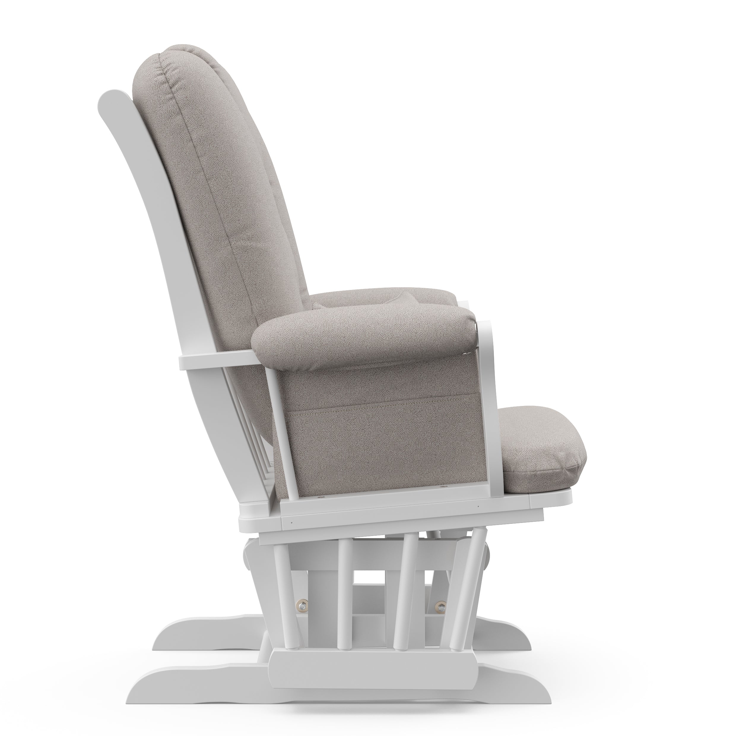 white glider with taupe swirl cushions side view 