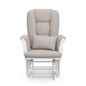 white glider with taupe swirl cushions 