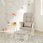 white glider and ottoman with taupe swirl cushions in nursery 