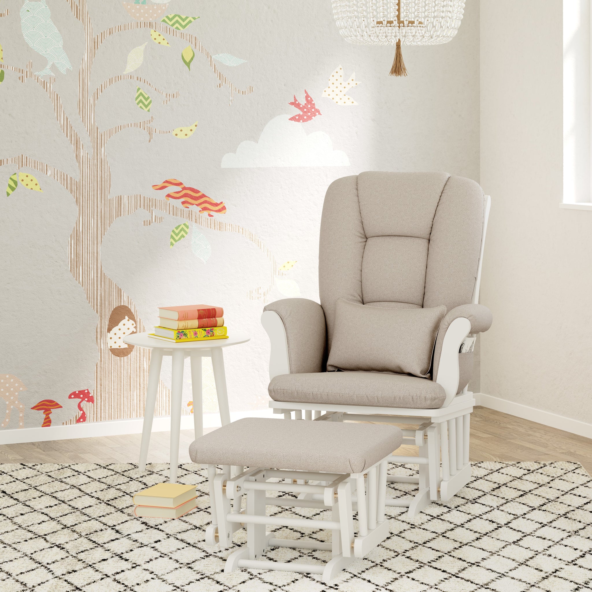 white glider and ottoman with taupe swirl cushions in nursery 