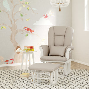 white glider and ottoman with taupe swirl cushions in nursery 