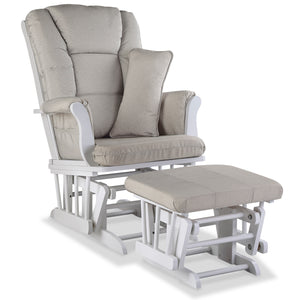 white glider and ottoman with taupe swirl cushions angled view 