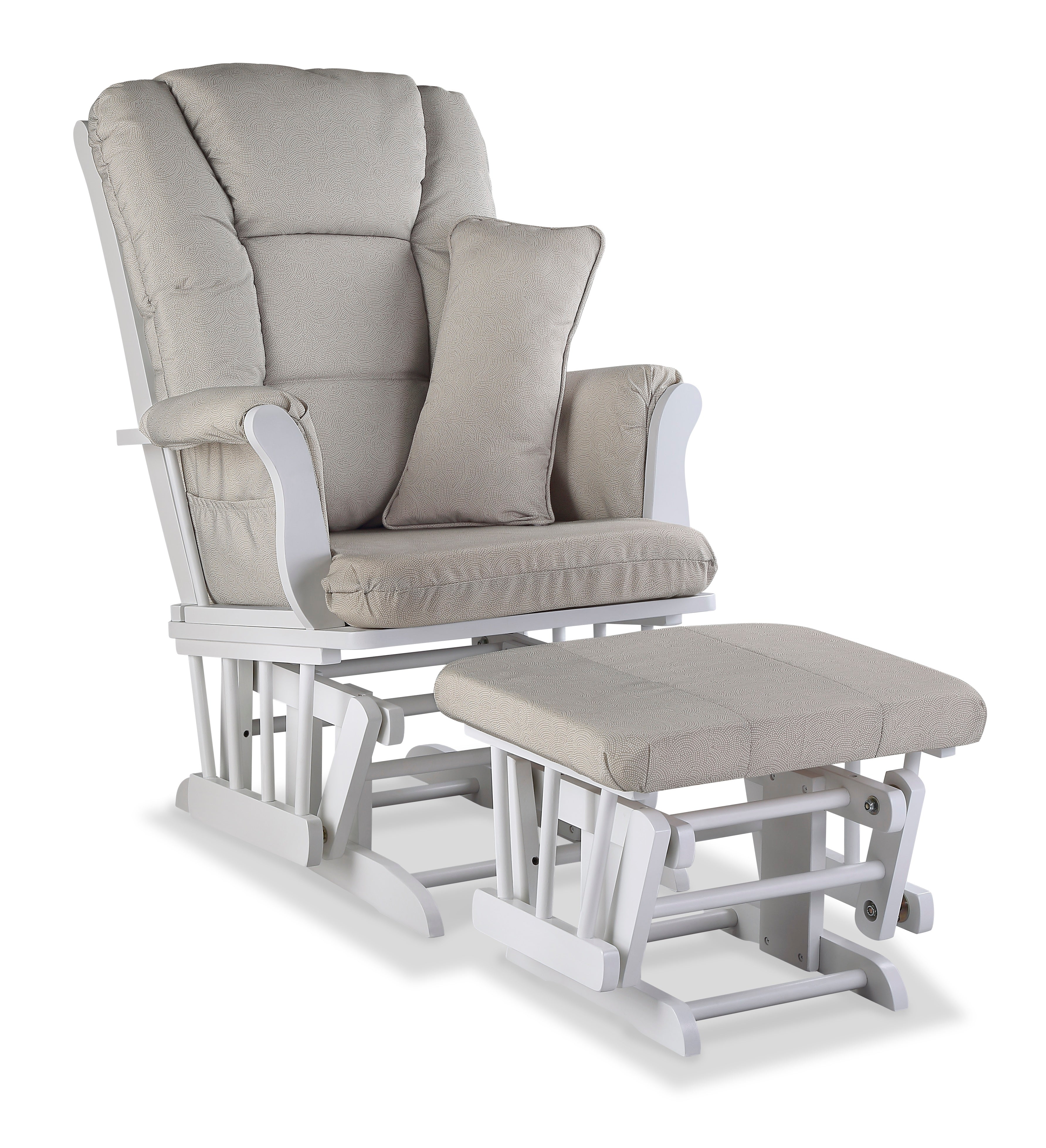 white glider and ottoman with taupe swirl cushions angled view 