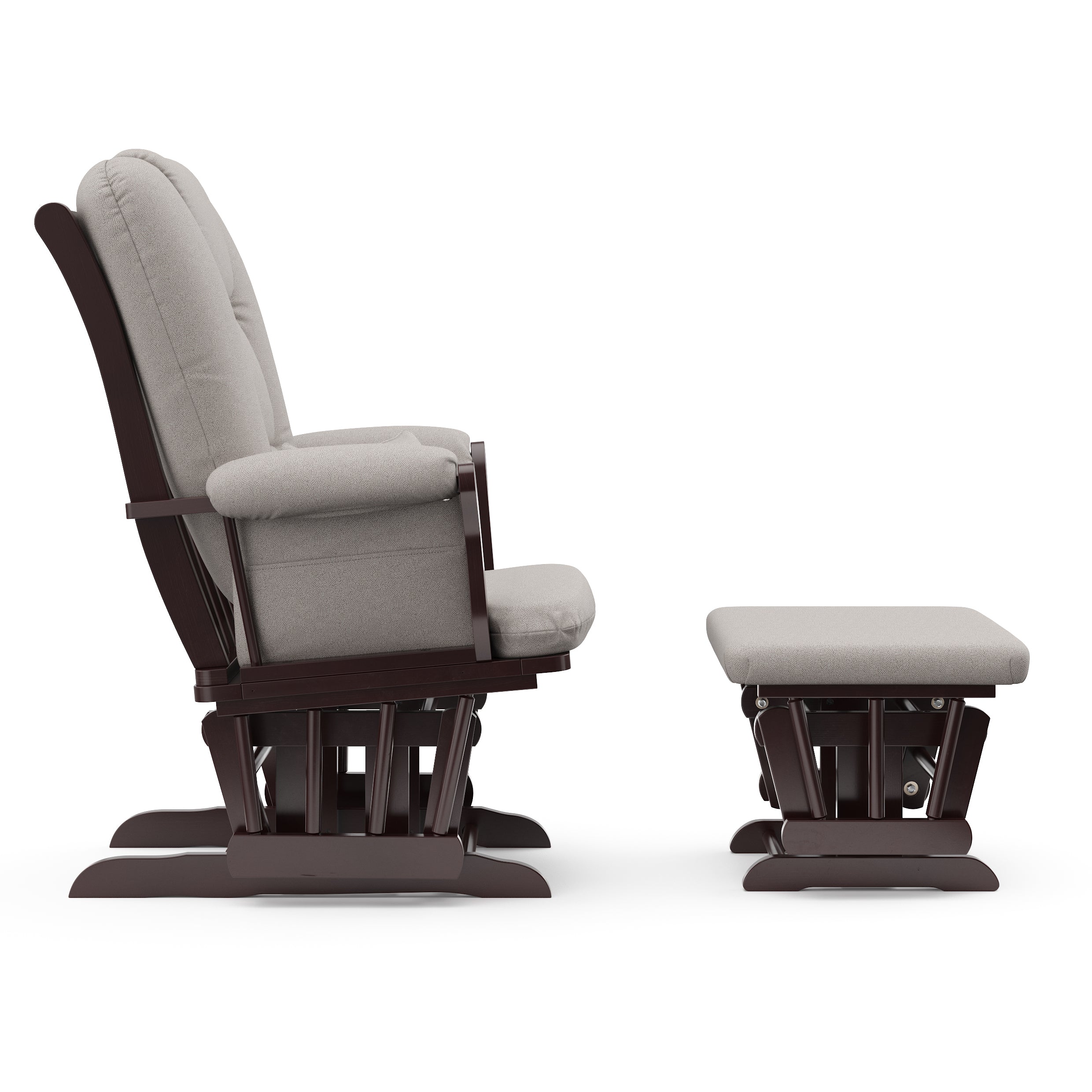 espresso glider and ottoman with taupe swirl cushions side view 
