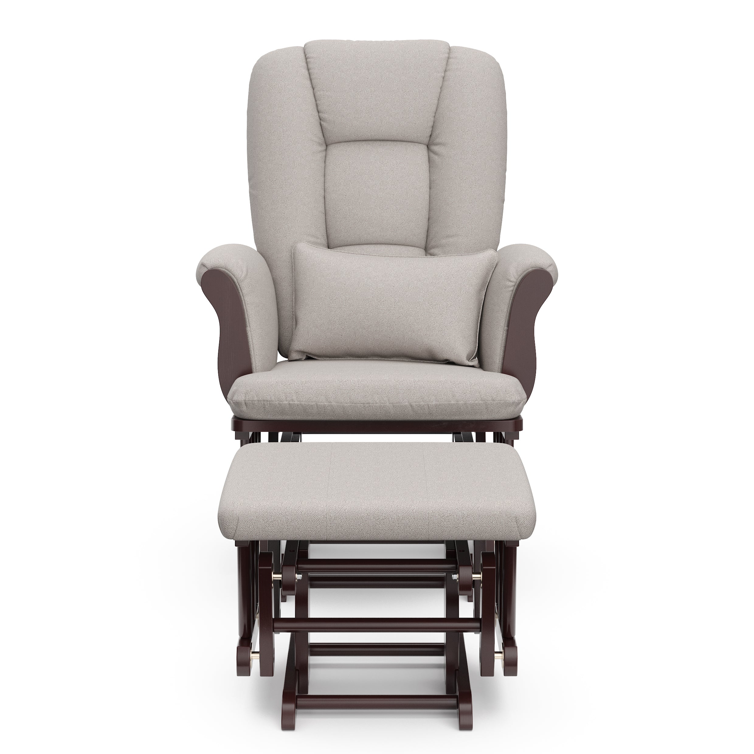 espresso glider and ottoman with taupe swirl cushions 