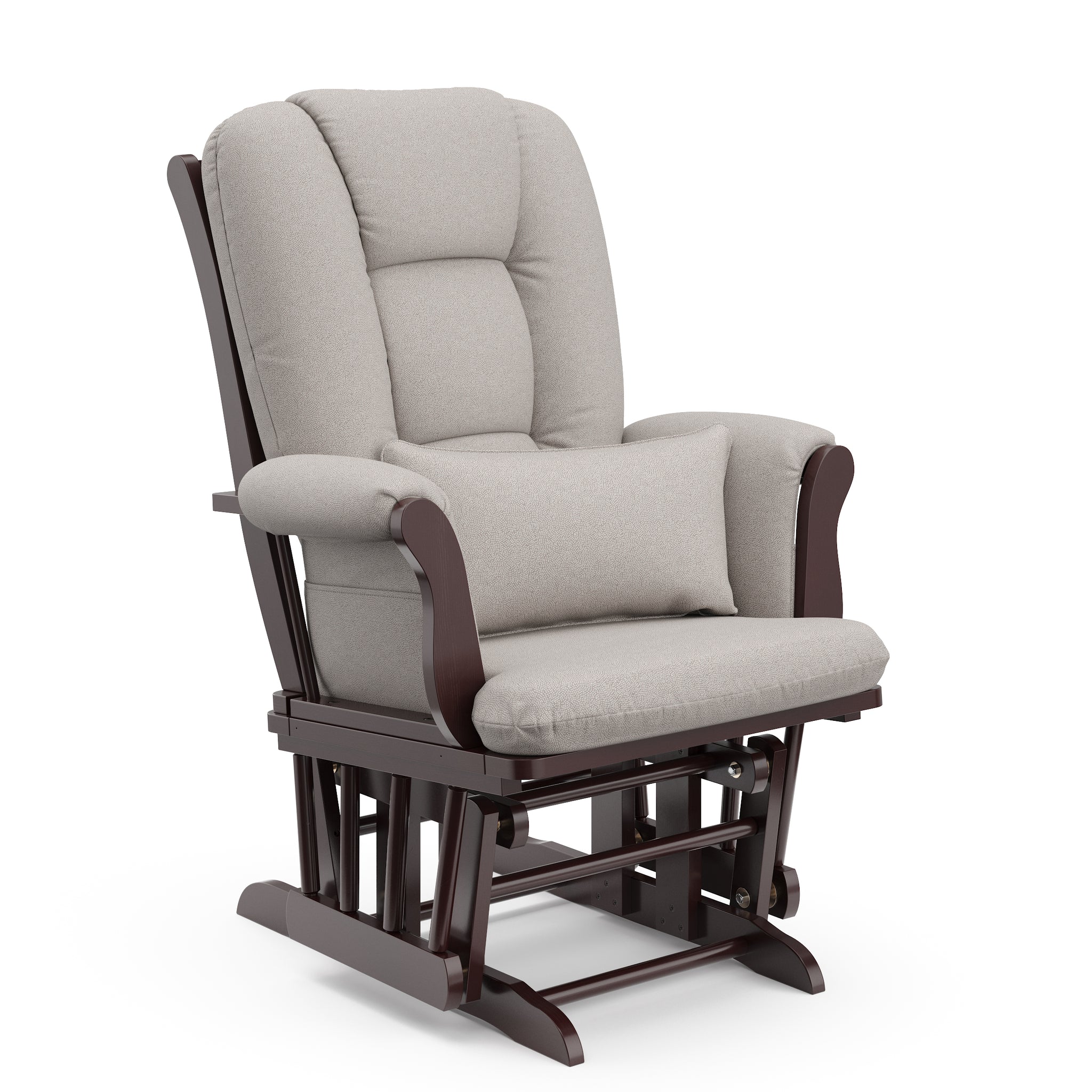 espresso glider with taupe swirl cushions angled view 