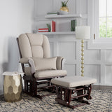 espresso glider and ottoman with taupe swirl cushions in nursery 
