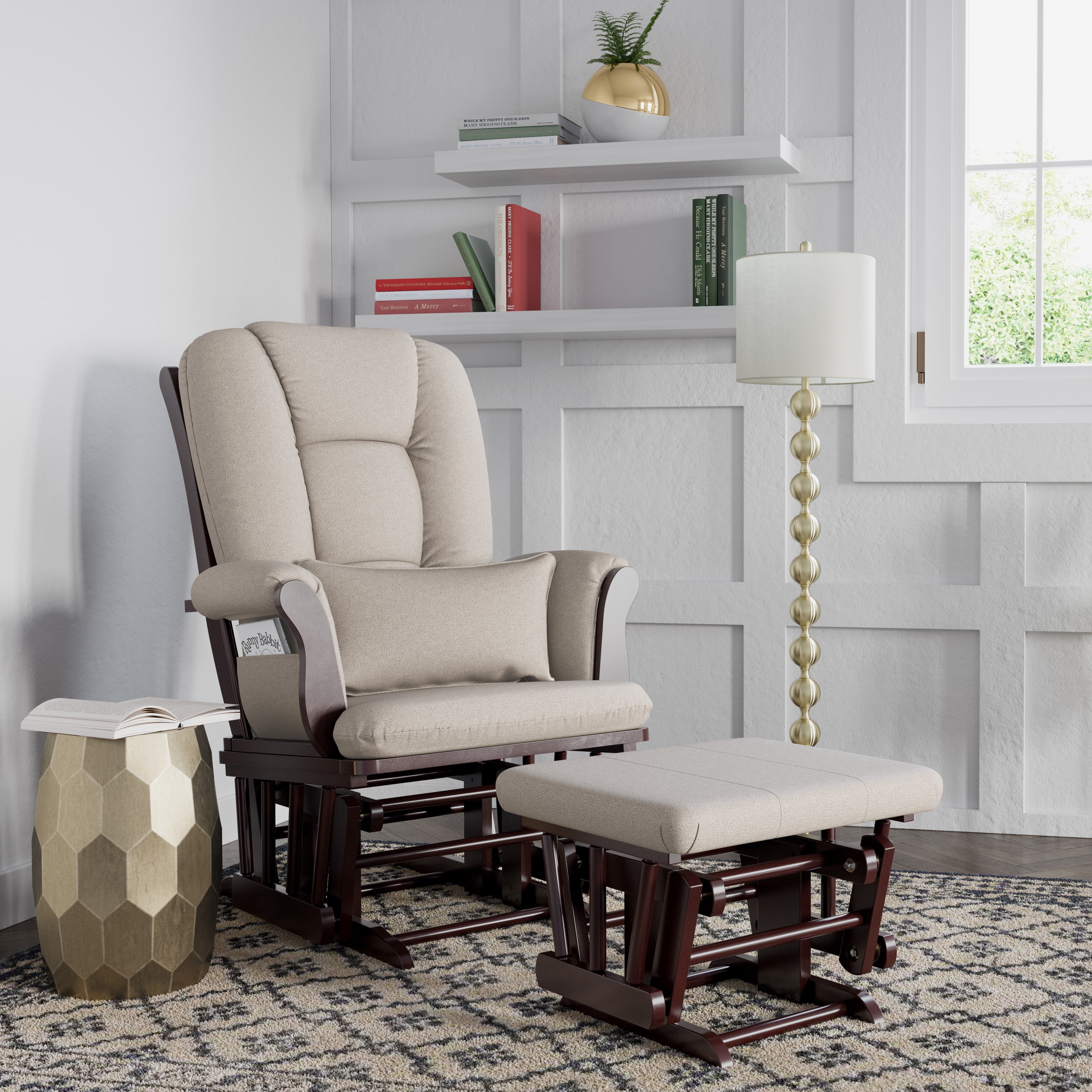 espresso glider and ottoman with taupe swirl cushions in nursery 