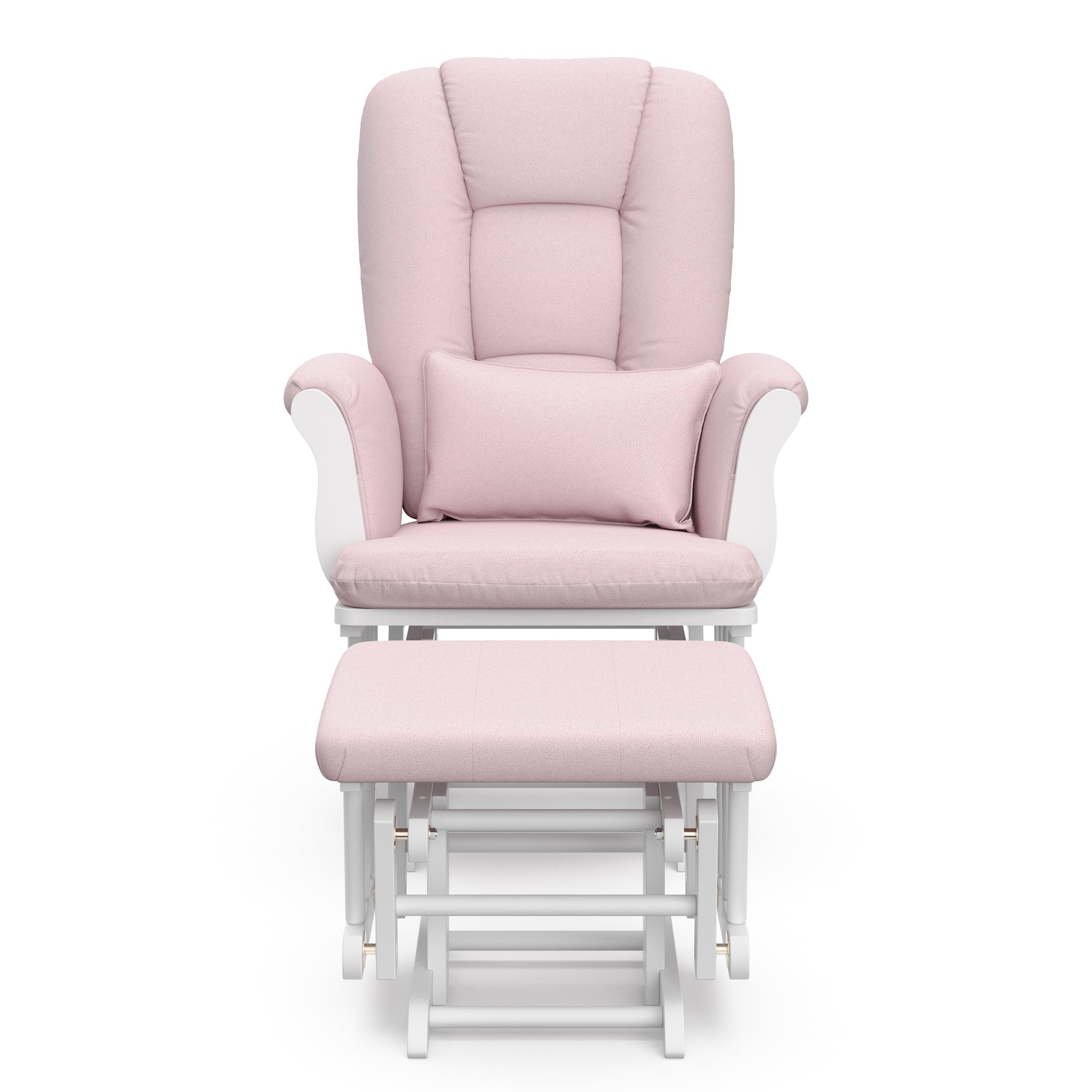 white glider and ottoman with pink swirl cushions 