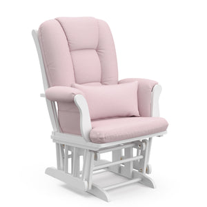 white glider with pink swirl cushions angled 