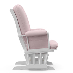 white glider with pink swirl cushions side view 