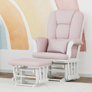 white glider and ottoman with pink swirl cushions in nursery 