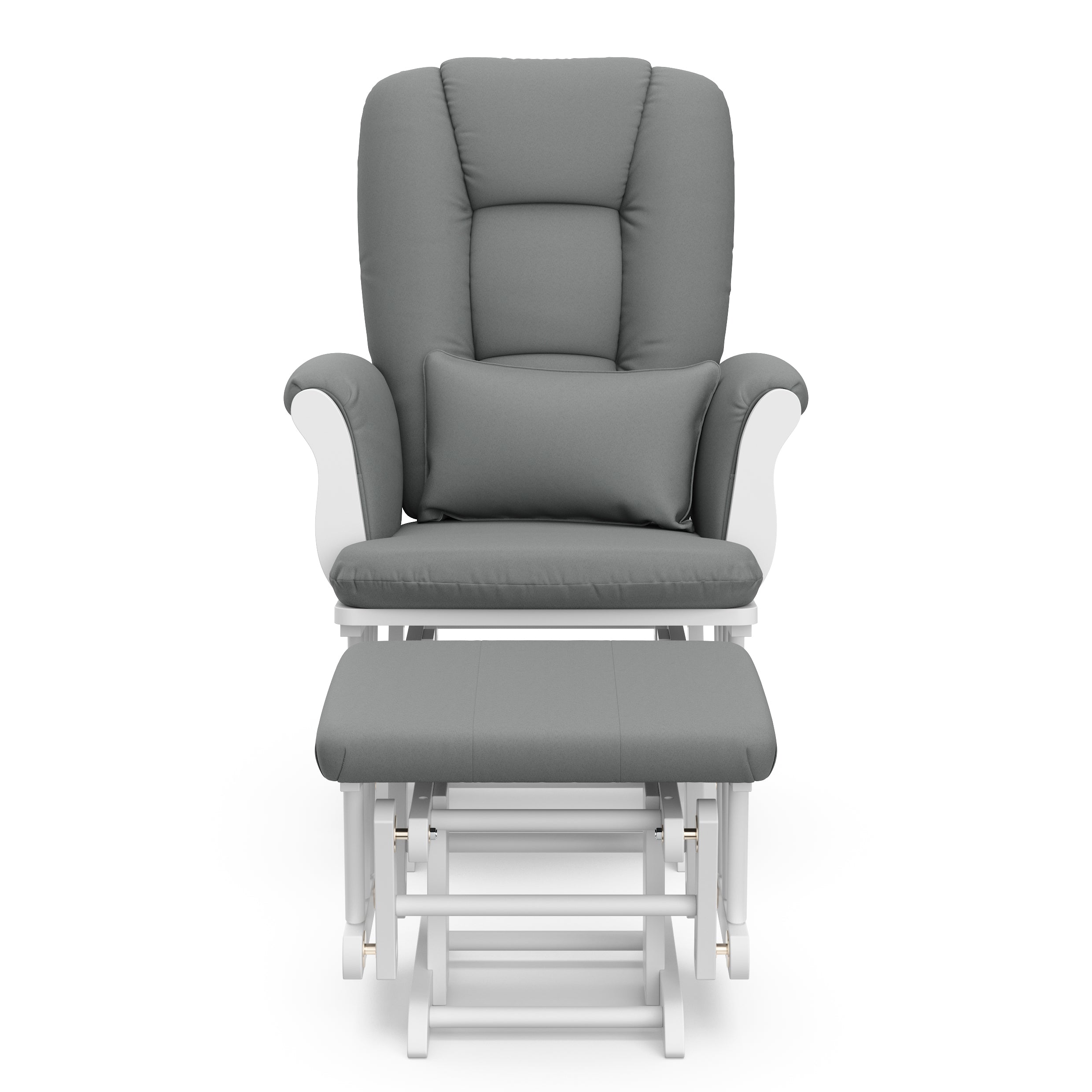 white glider and ottoman with gray cushions 