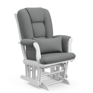 white glider with gray cushions angled 