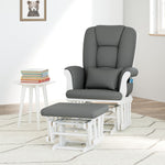white glider and ottoman with gray cushions in nursery 