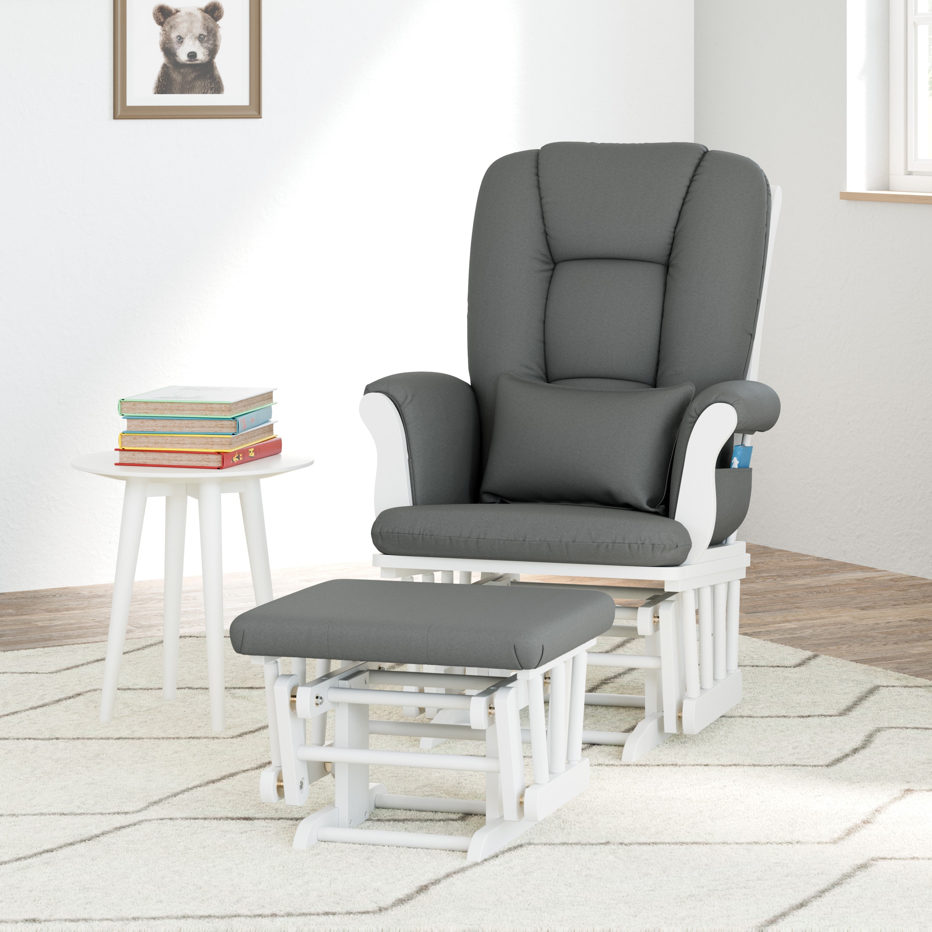 white glider and ottoman with gray cushions in nursery 