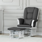 white glider and ottoman with gray cushions in nursery 