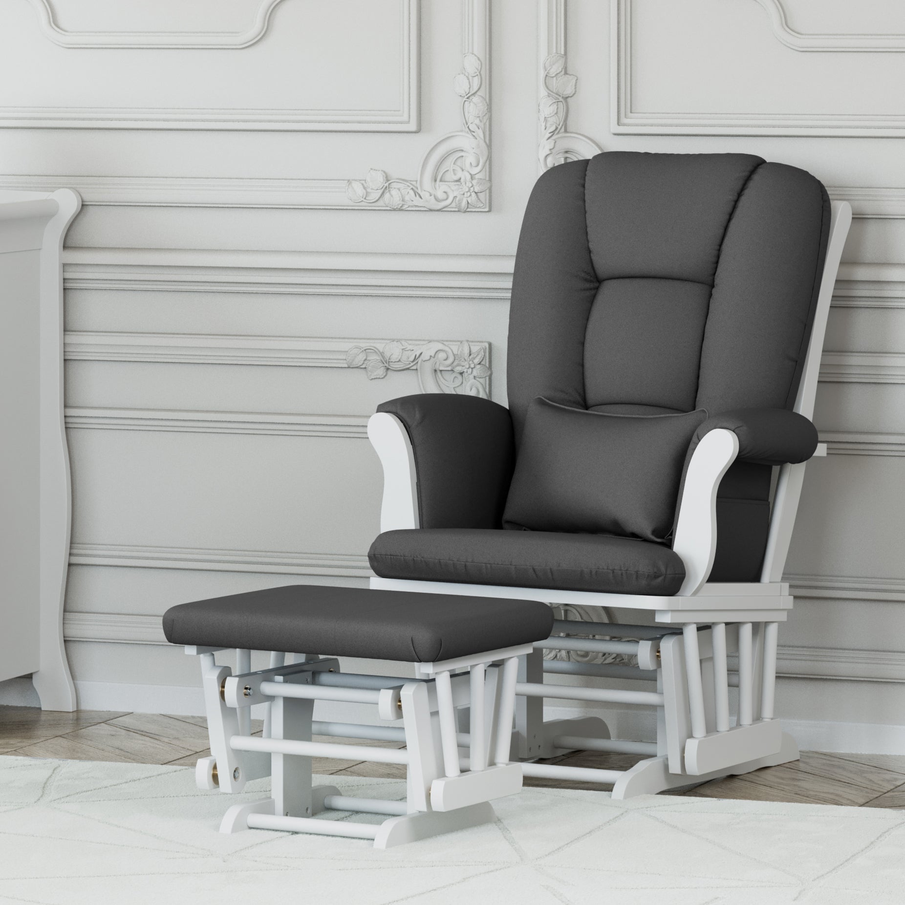 white glider and ottoman with gray cushions in nursery 