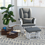white glider and ottoman with gray cushions in nursery 
