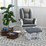 white glider and ottoman with gray cushions in nursery 