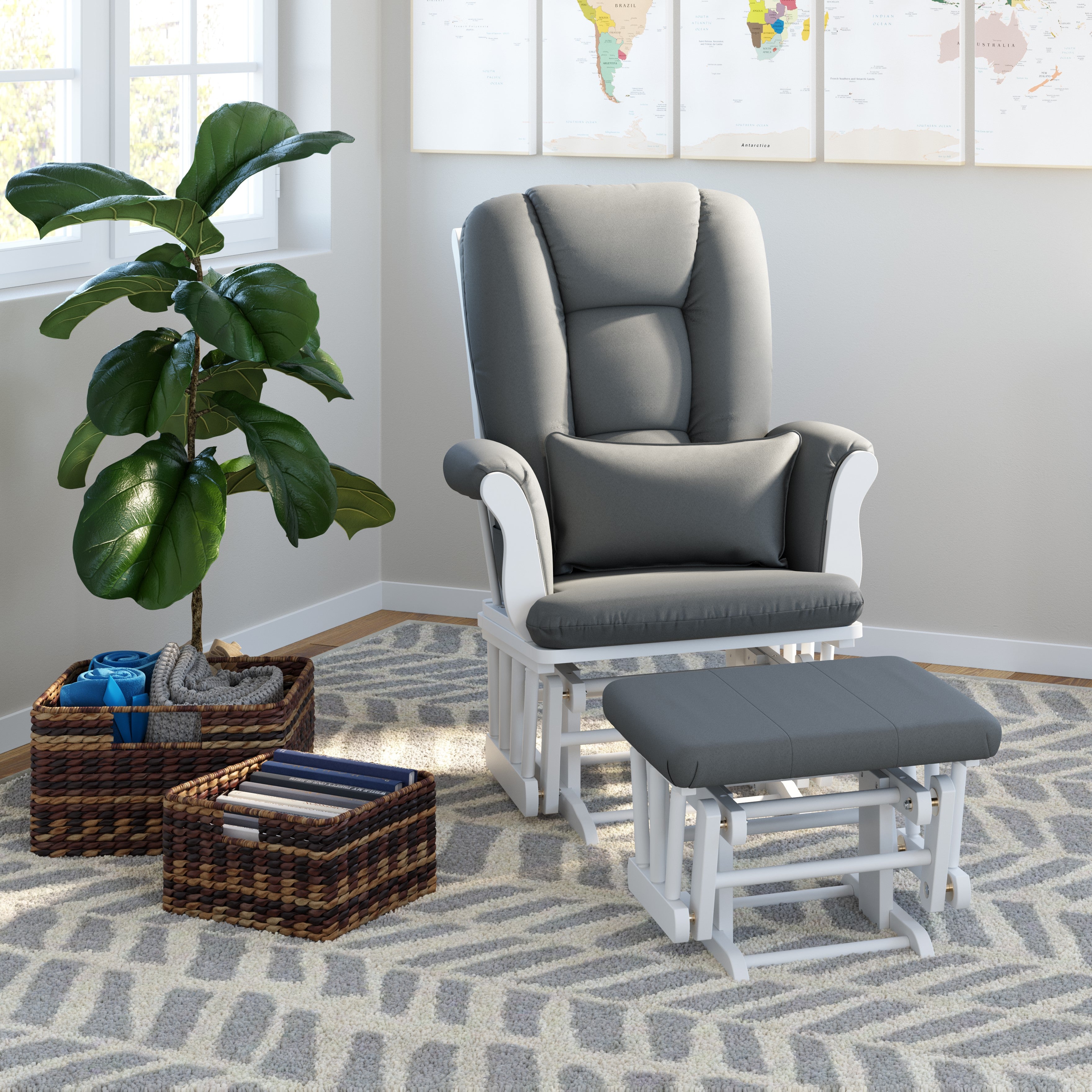 white glider and ottoman with gray cushions in nursery 