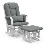 white glider and ottoman with gray cushions angled view 