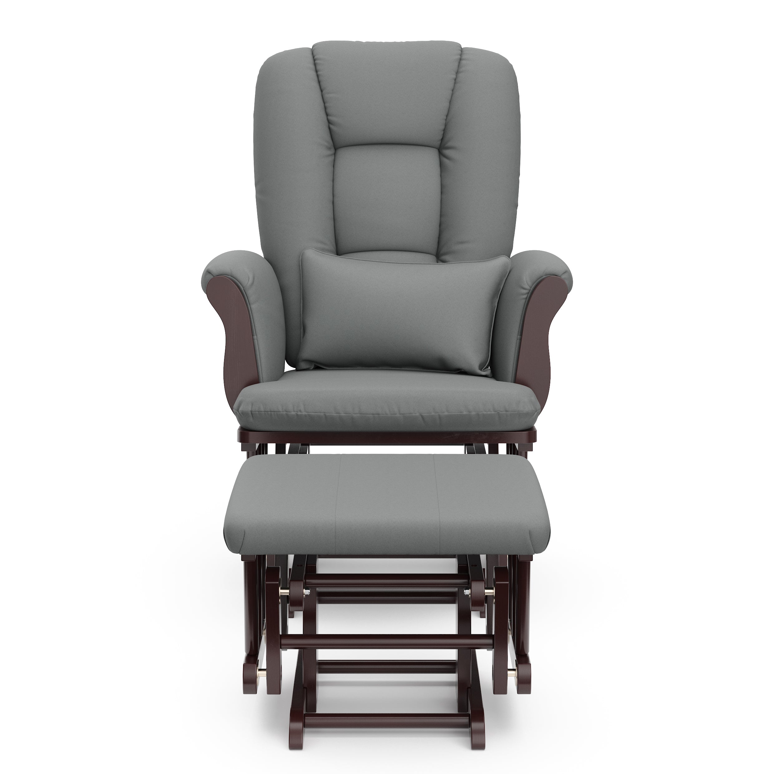 espresso glider and ottoman with gray cushions