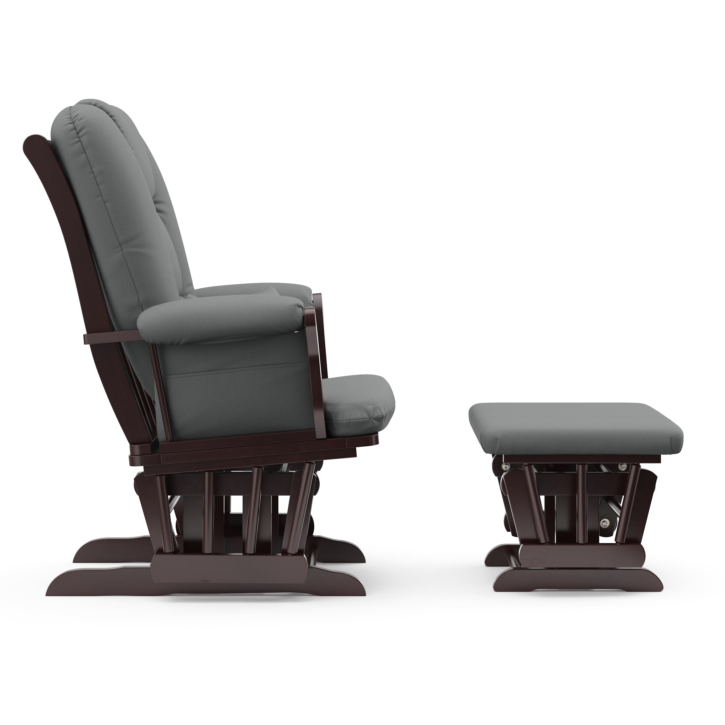 espresso glider and ottoman with gray cushions side view 