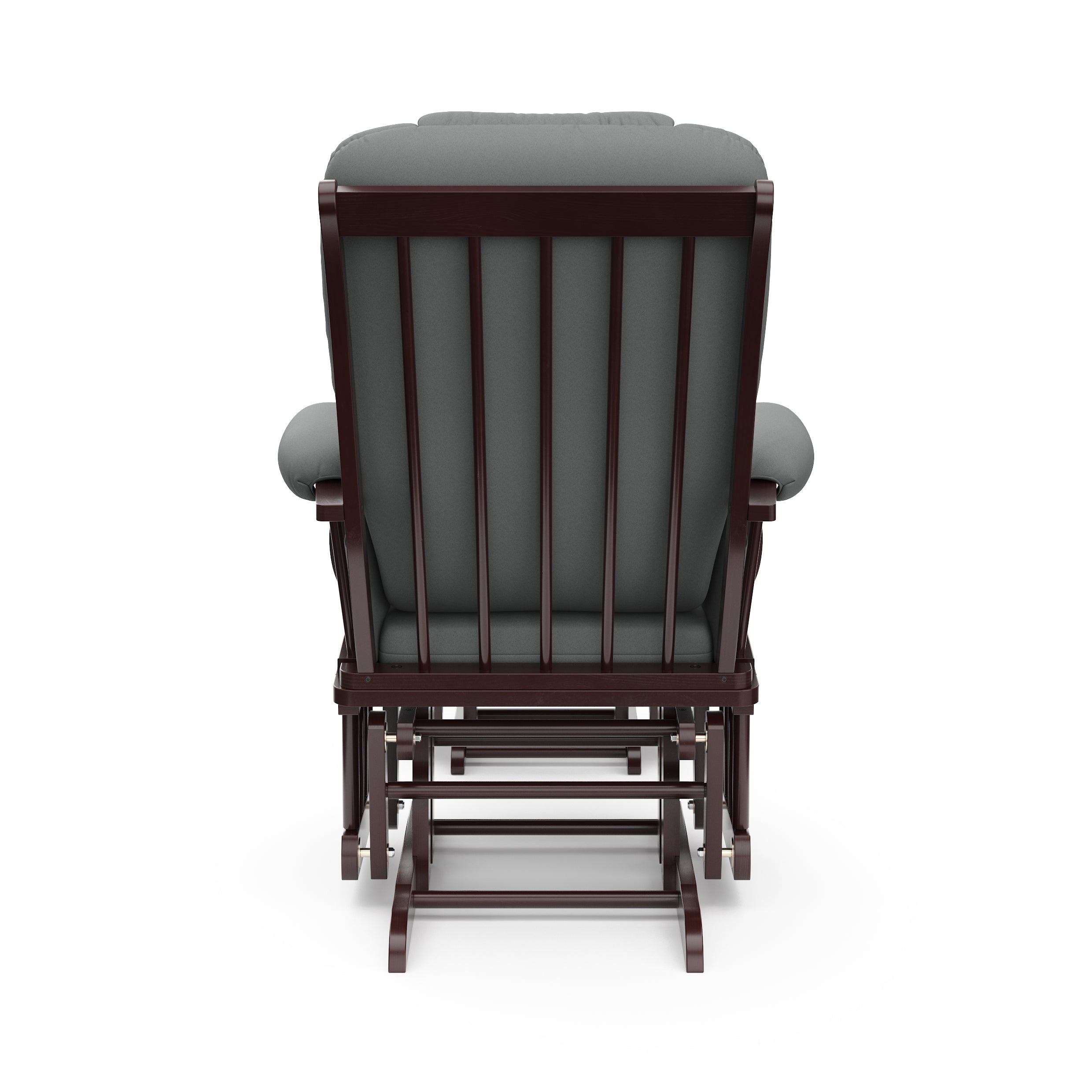 espresso glider and ottoman with gray cushions back view 