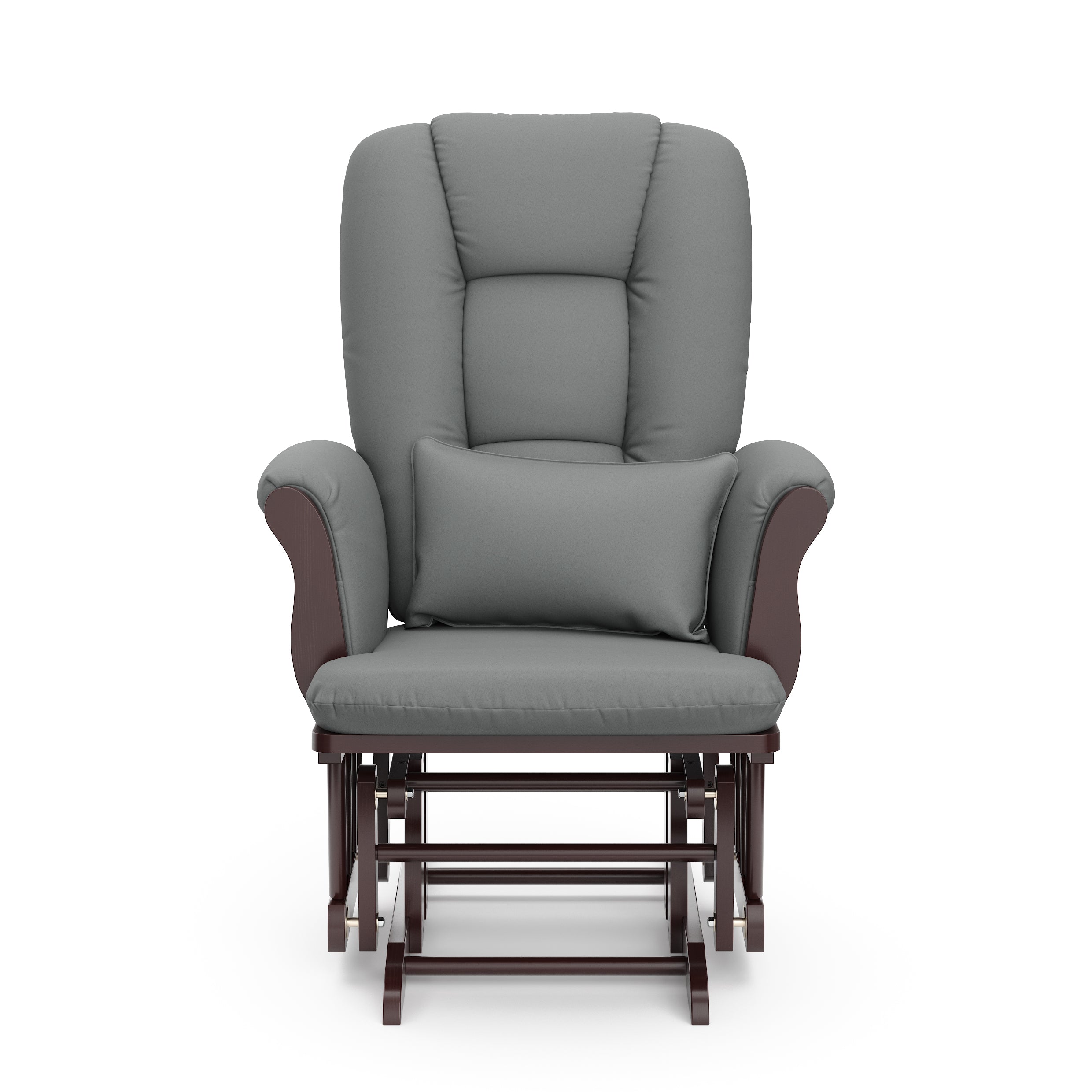 espresso glider with gray cushions 