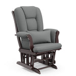 espresso glider with gray cushions angled 