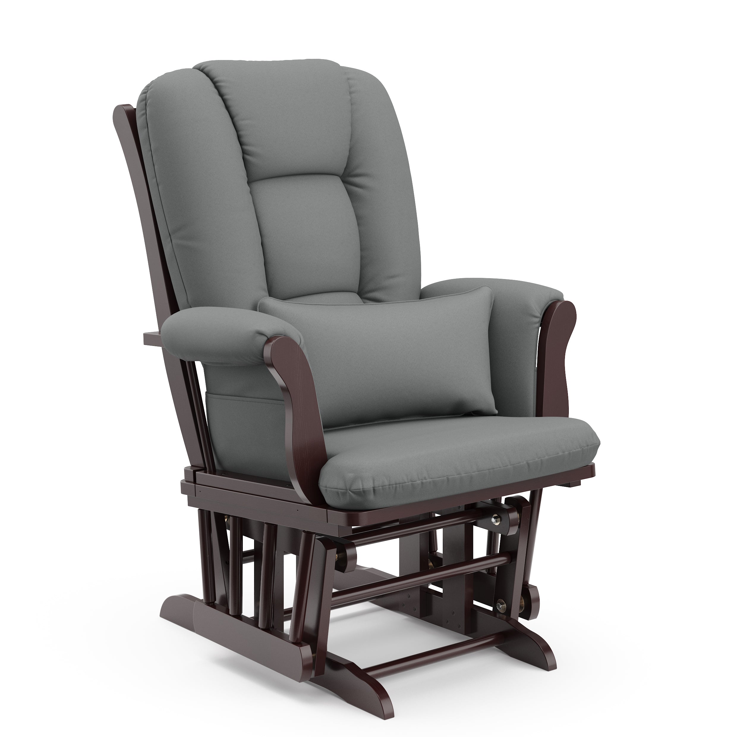 espresso glider with gray cushions angled 