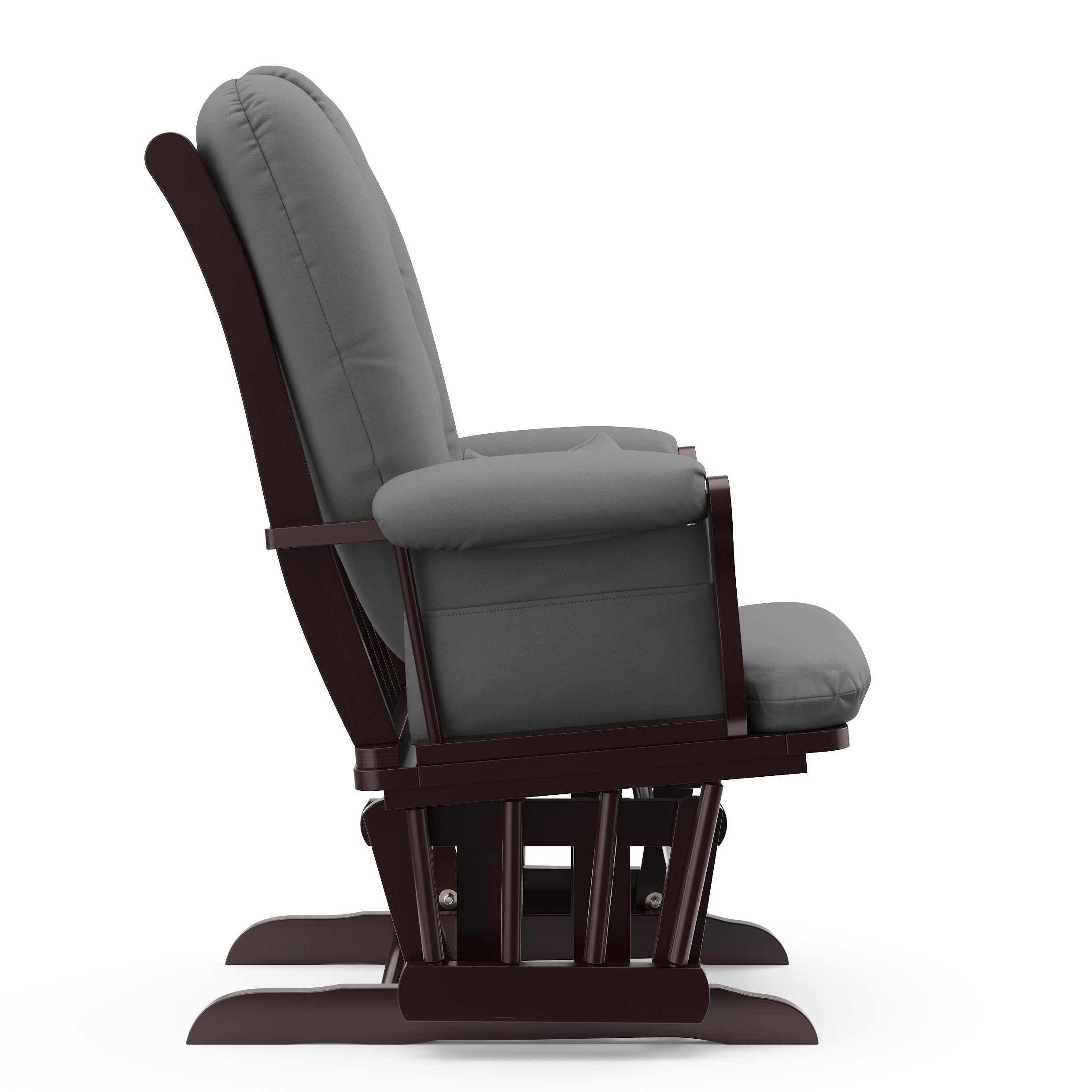 espresso glider with gray cushions side view 