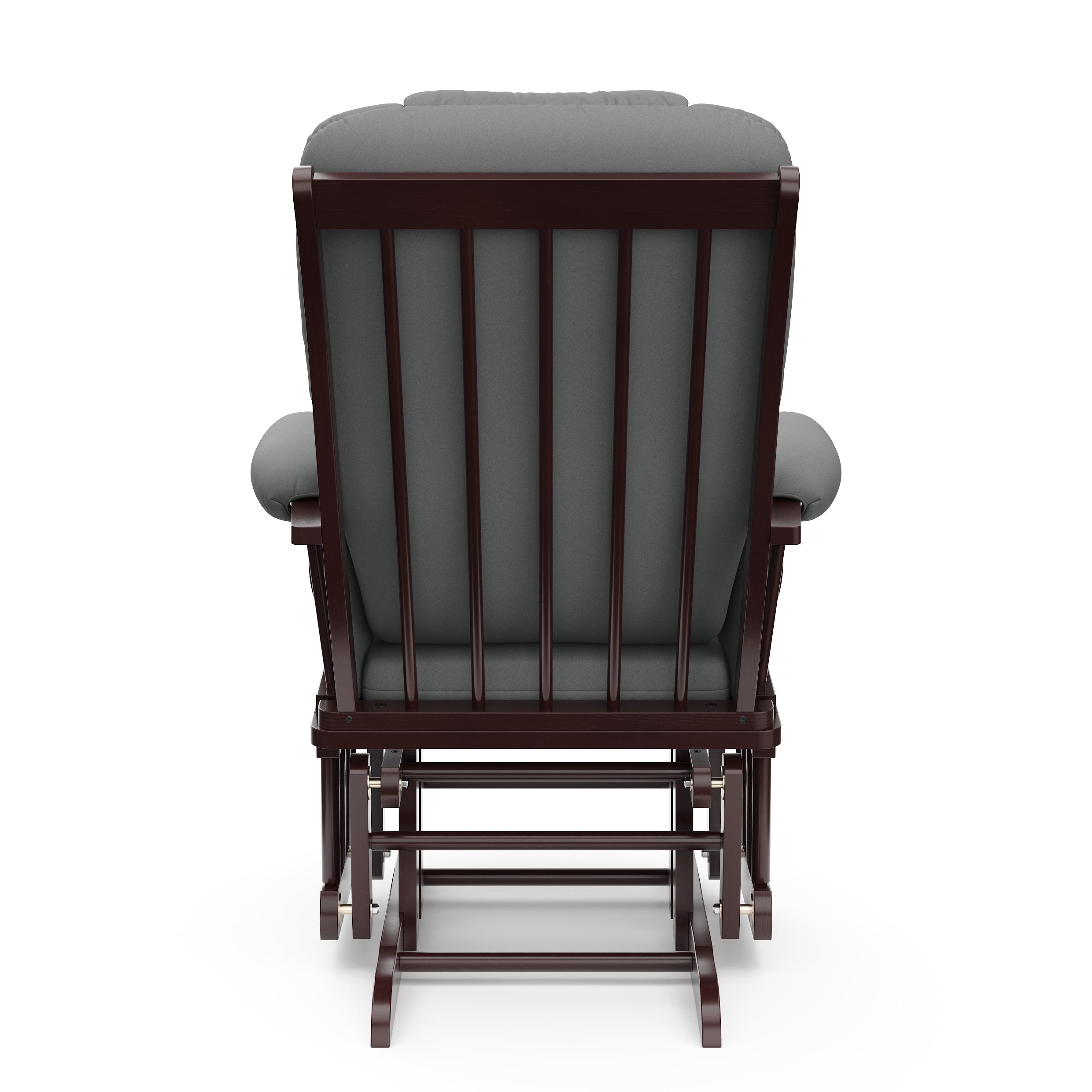 espresso glider with gray cushions back view 
