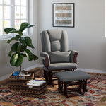 espresso glider and ottoman with gray cushions in nursery 