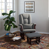 espresso glider and ottoman with gray cushions in nursery 