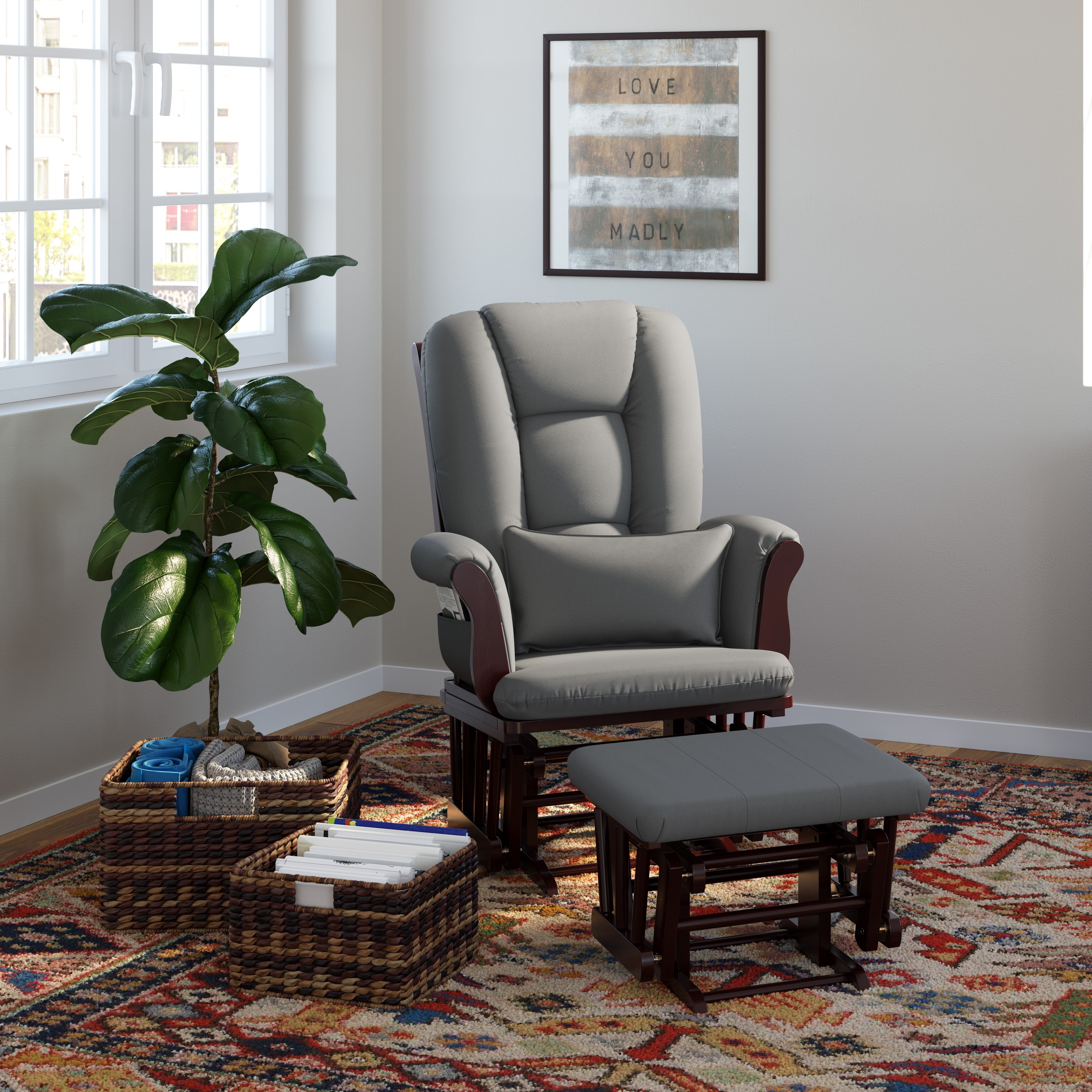 espresso glider and ottoman with gray cushions in nursery 