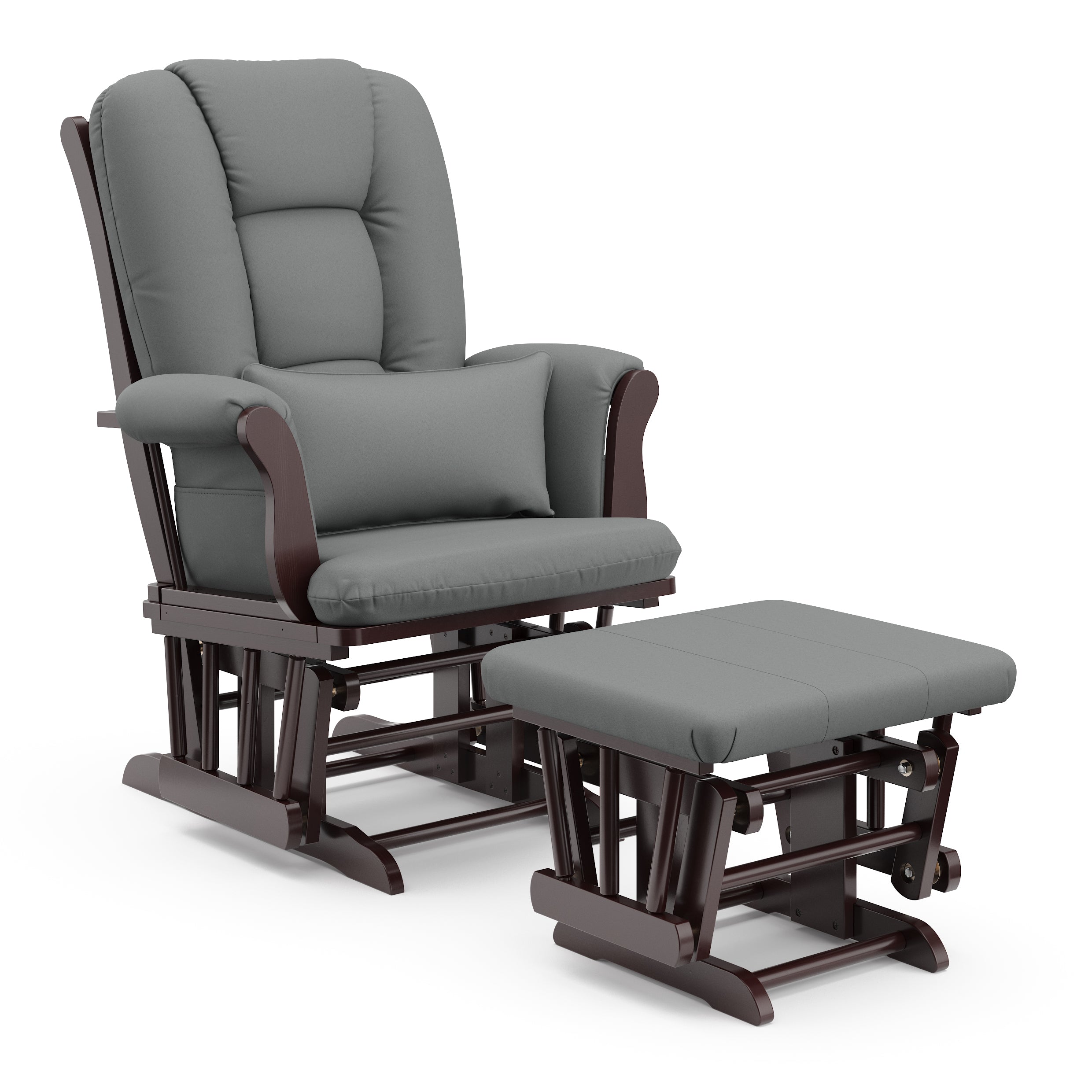 espresso glider and ottoman with gray cushions angled view 