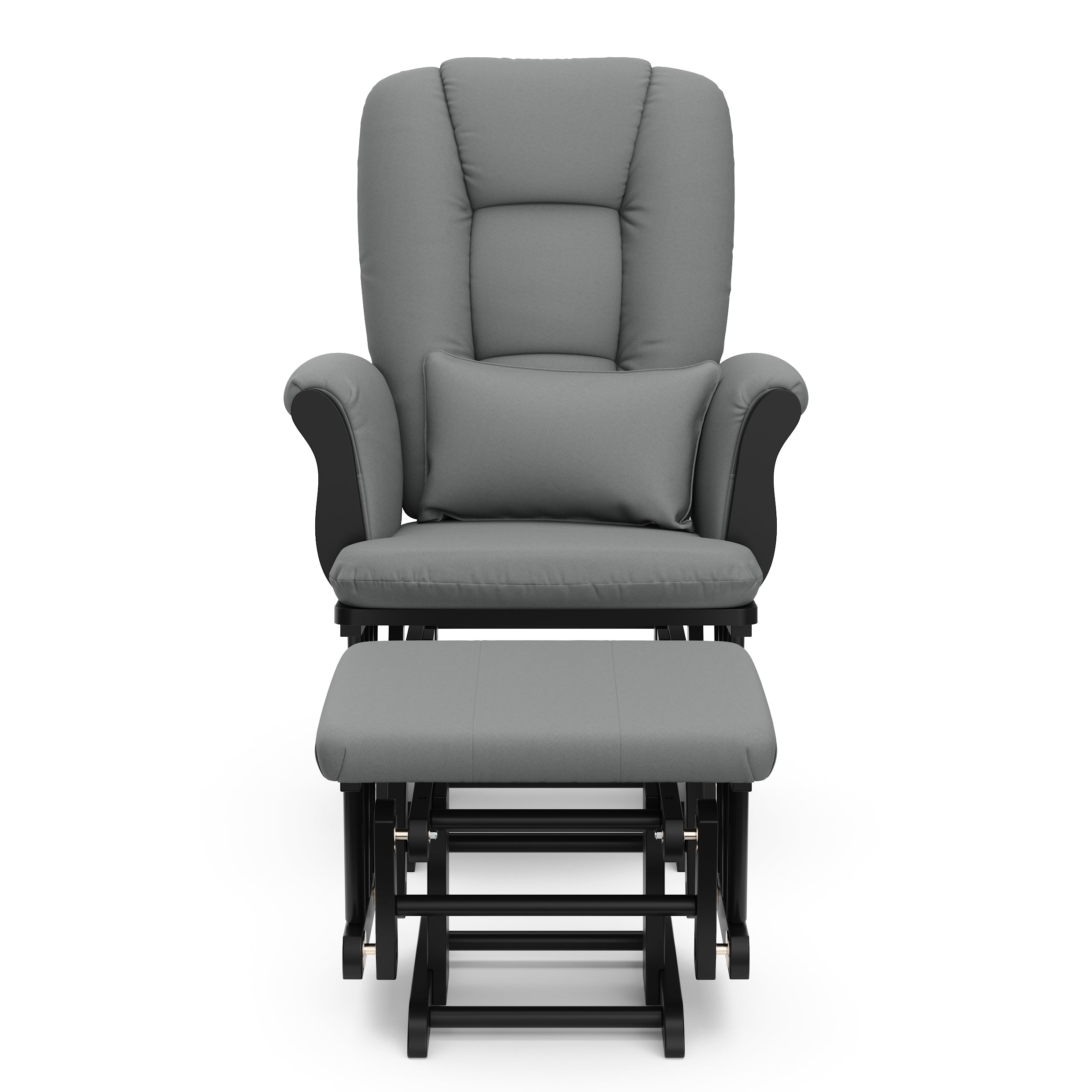black glider and ottoman with gray cushions 