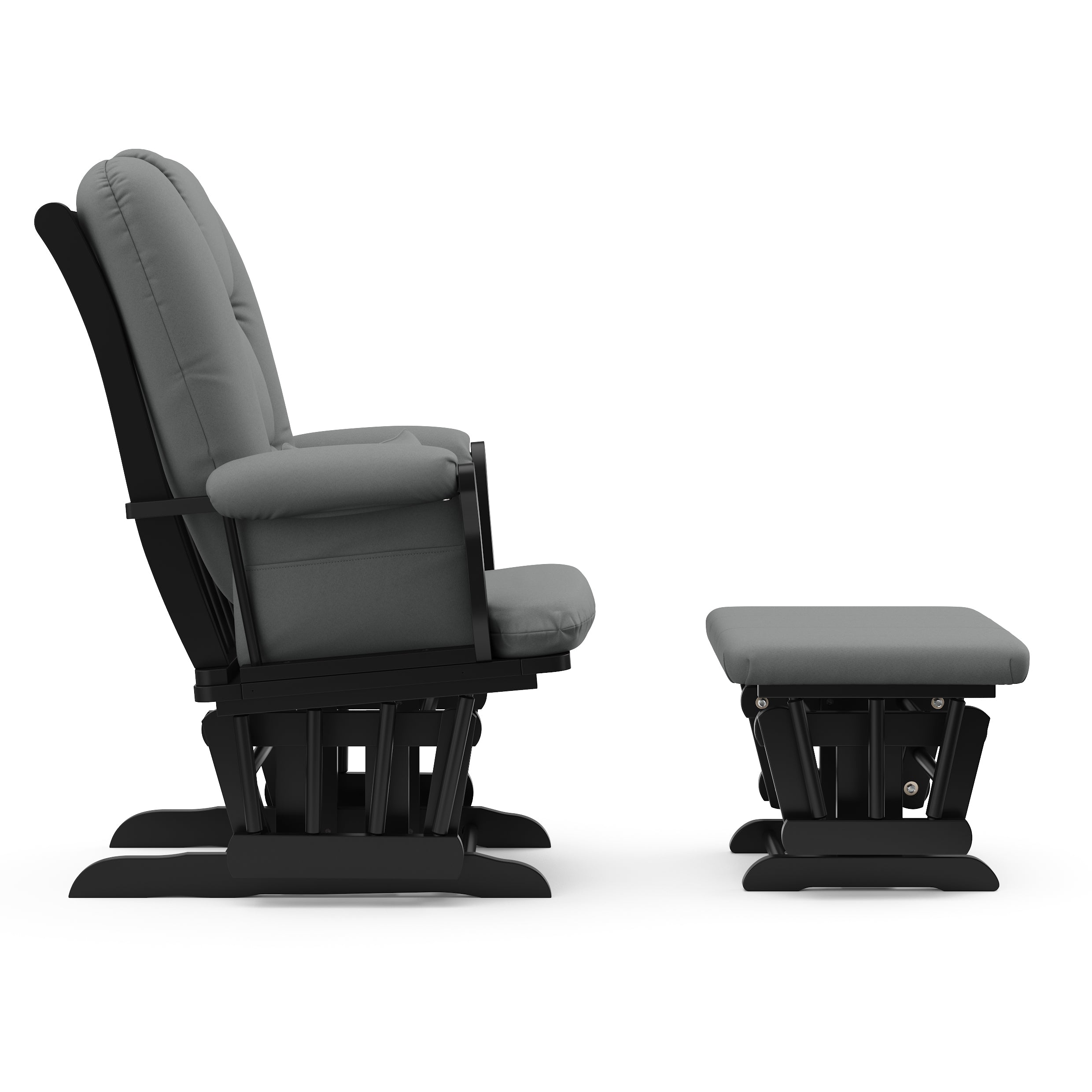 black glider and ottoman with gray cushions side view 