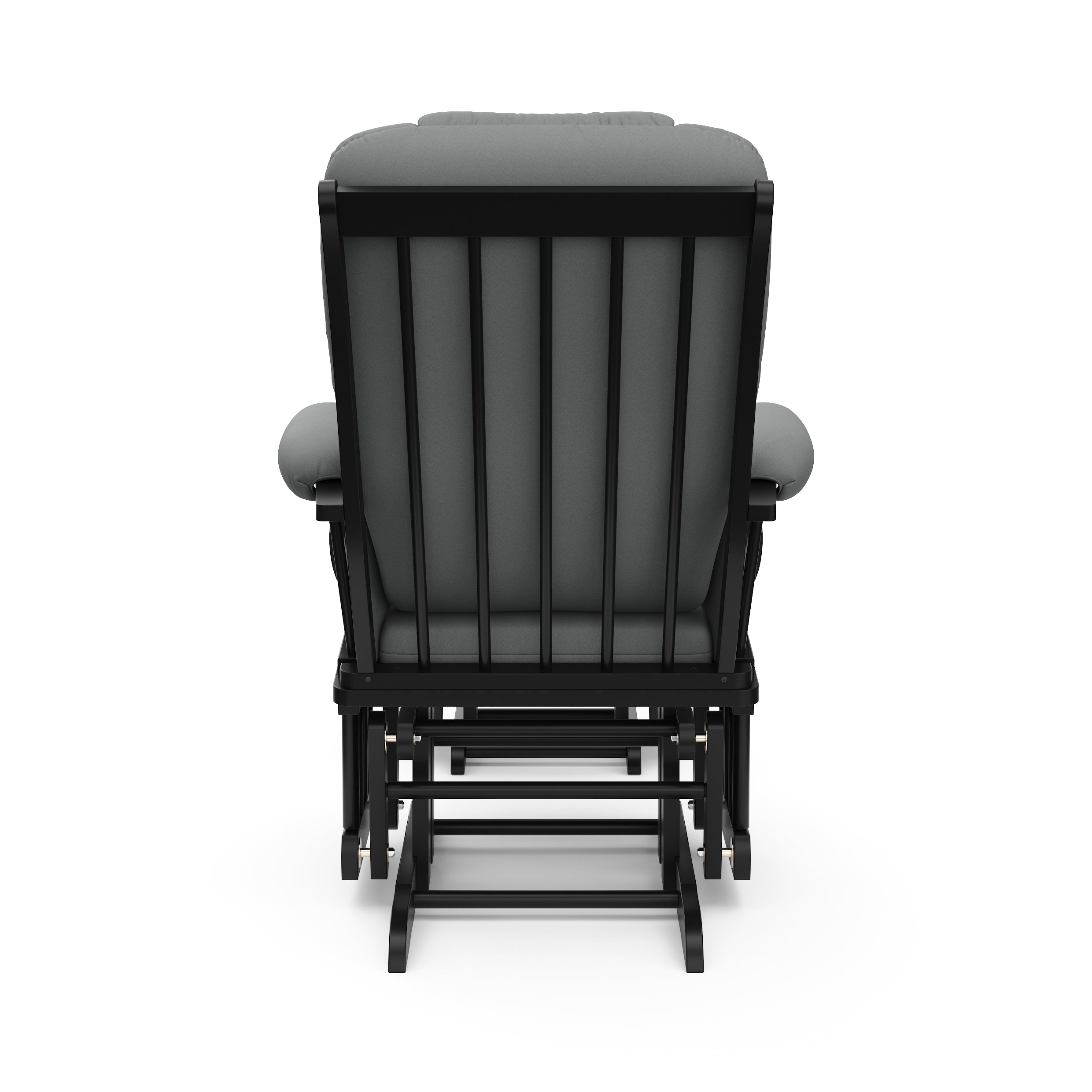 black glider and ottoman with gray cushions back view 