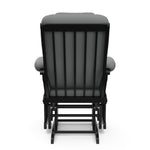 black glider with gray cushions back view 